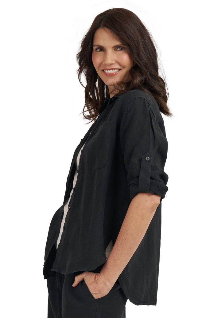 Luna Black Oversized Linen Shirt with Pockets