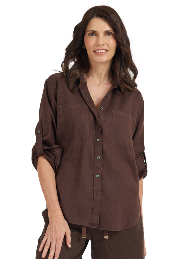 Luna Coffee Oversized Linen Shirt with Pockets