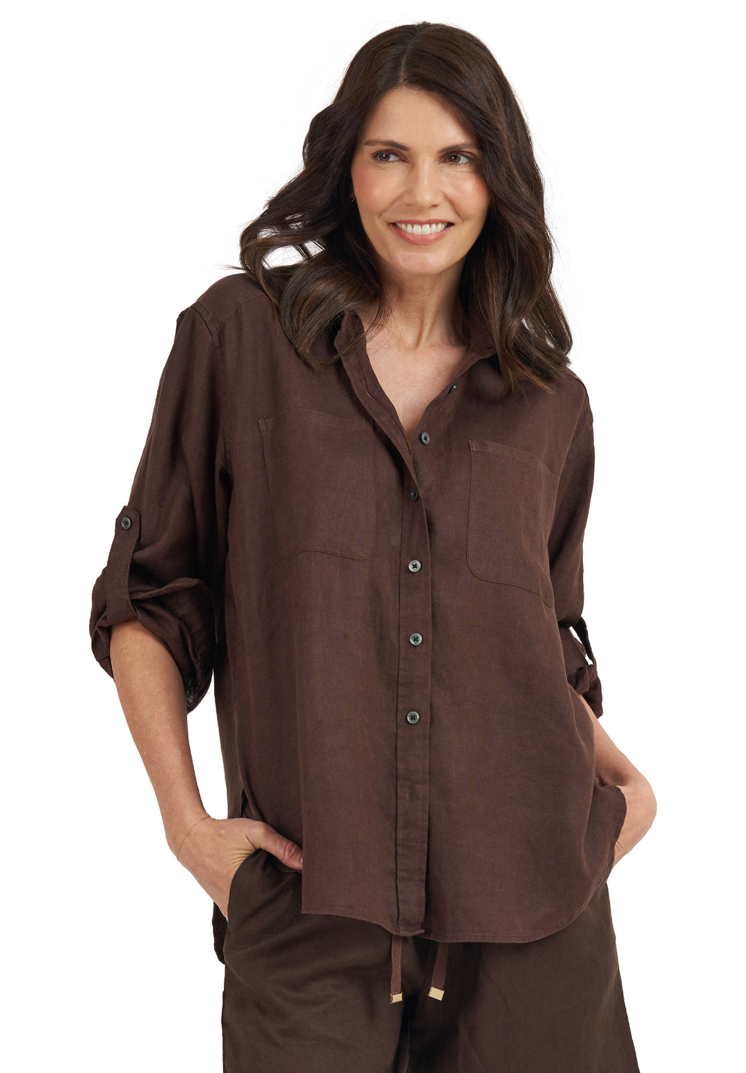 Luna Coffee Oversized Linen Shirt with Pockets