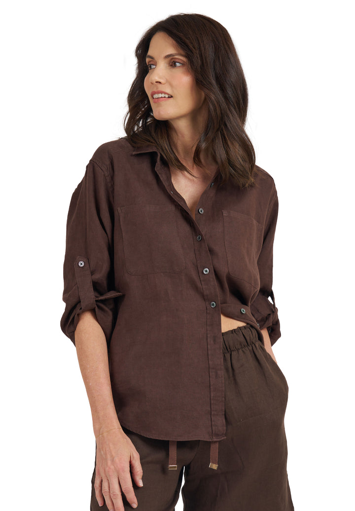 Luna Coffee Oversized Linen Shirt with Pockets