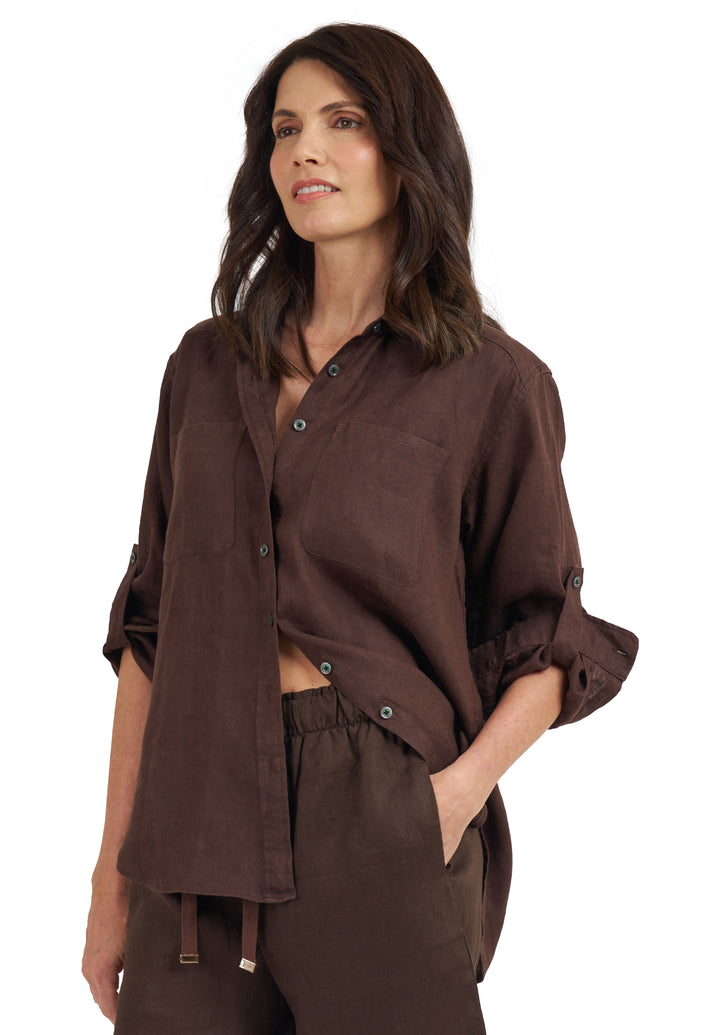 Luna Coffee Oversized Linen Shirt with Pockets