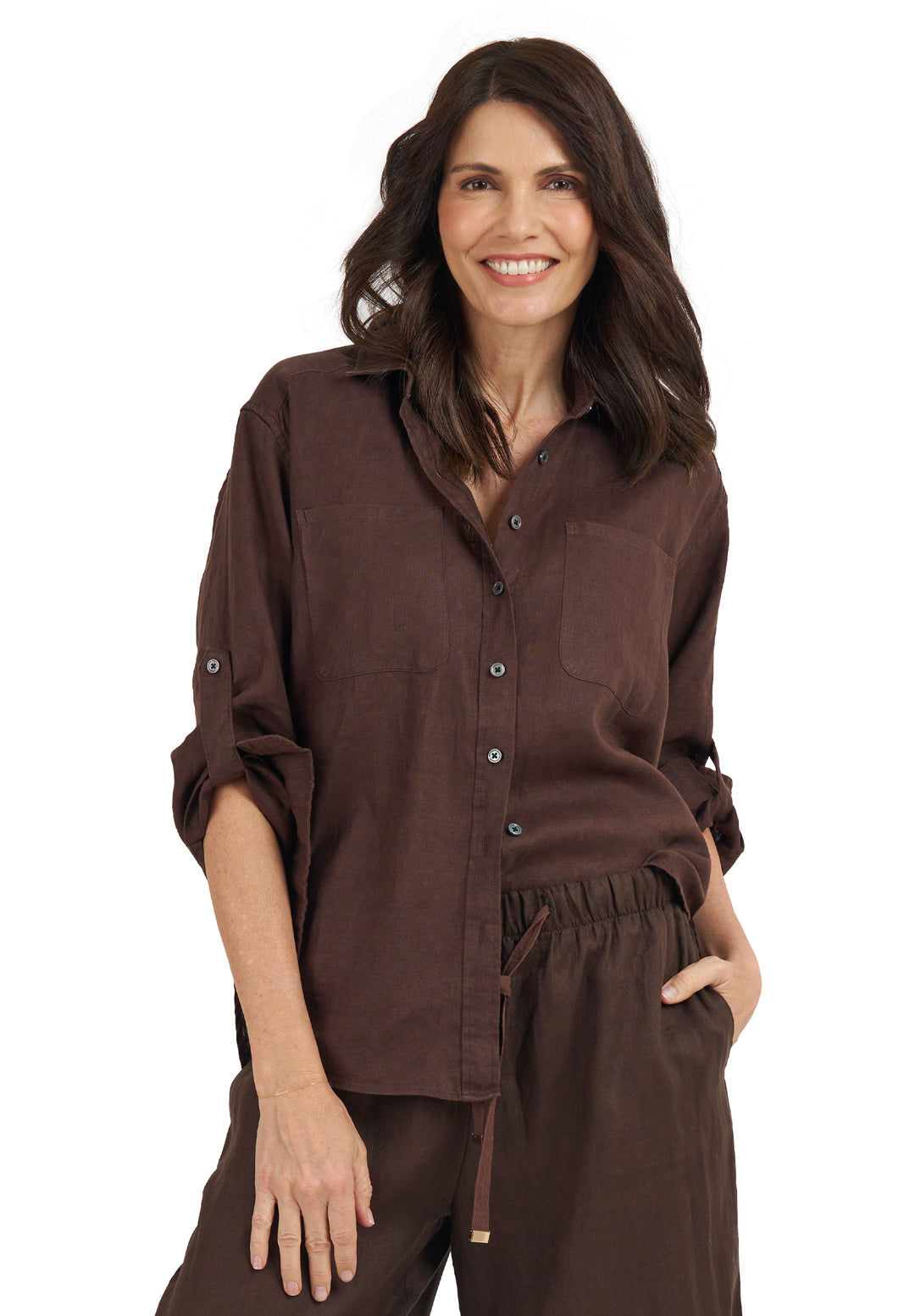 Luna Coffee Oversized Linen Shirt with Pockets