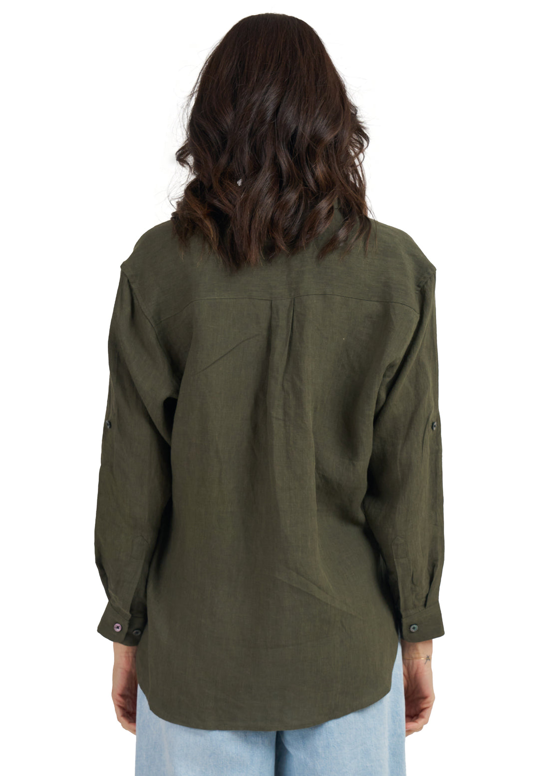 Luna Olive Green Oversized Linen Shirt with Pockets