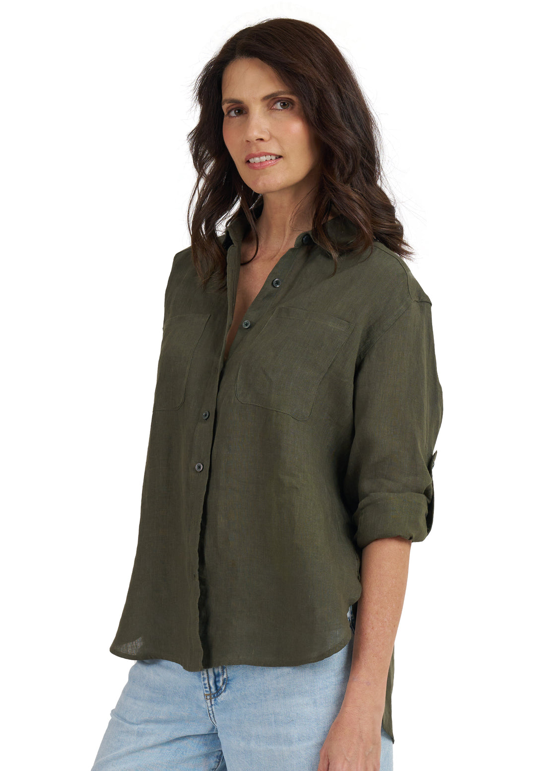 Luna Olive Green Oversized Linen Shirt with Pockets