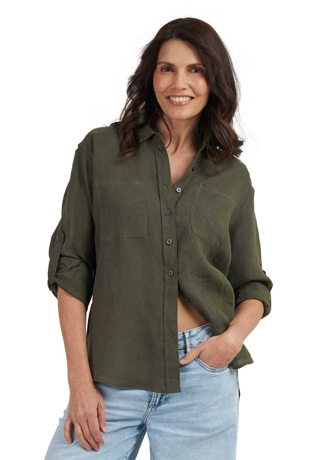 Luna Olive Green Oversized Linen Shirt with Pockets