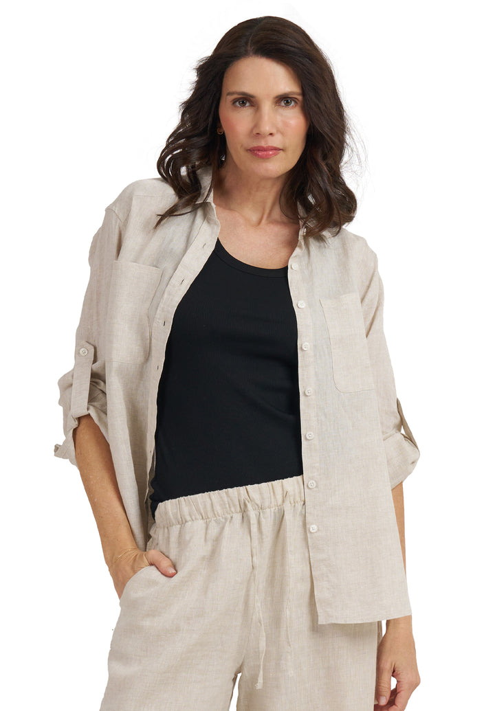 Luna Oat Oversized Linen Shirt with Pockets