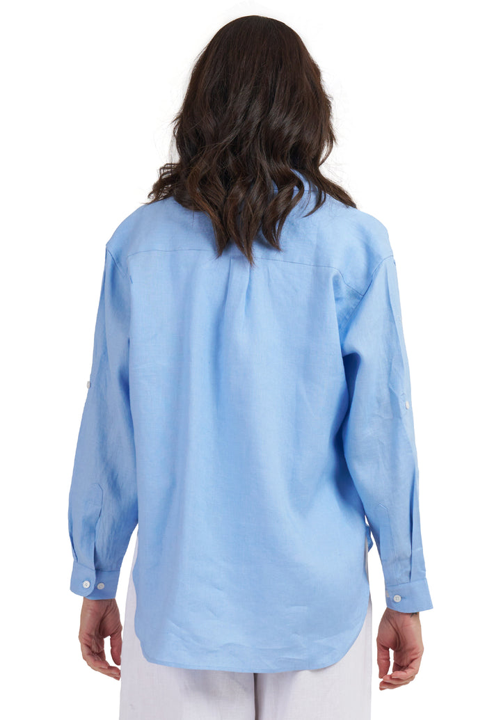 Luna Ocean Blue Oversized Linen Shirt with Pockets