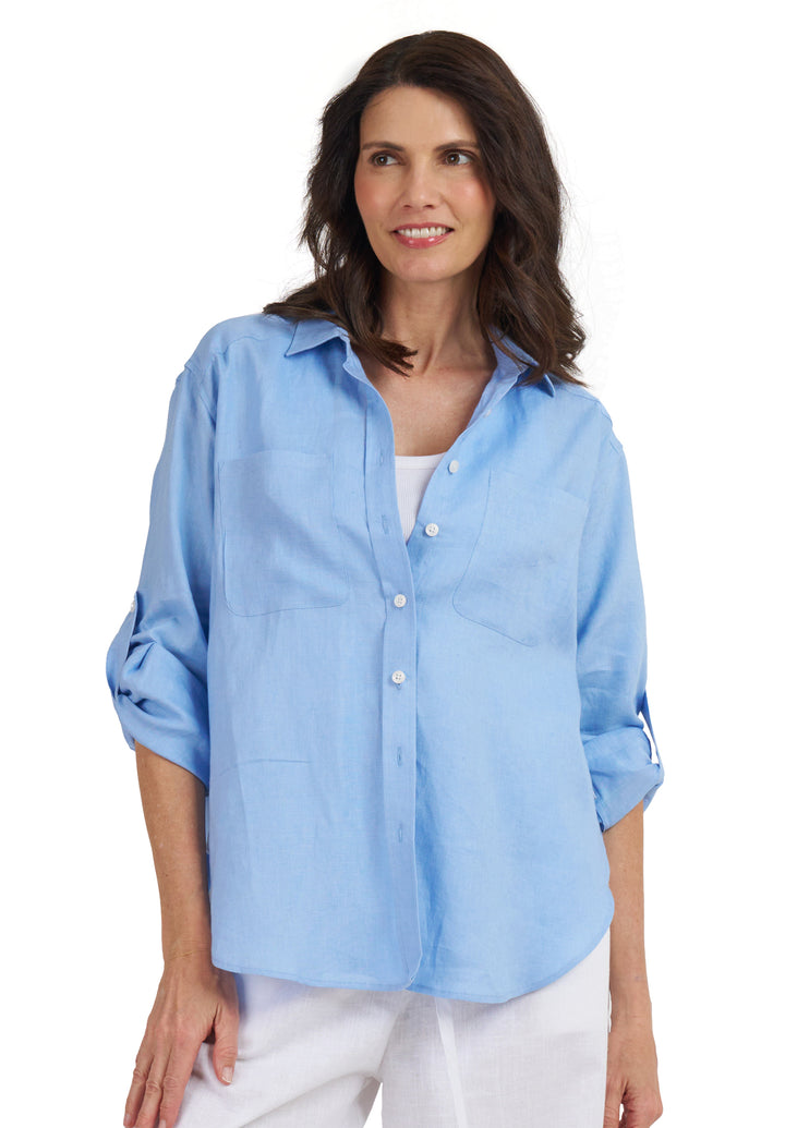 Luna Ocean Blue Oversized Linen Shirt with Pockets