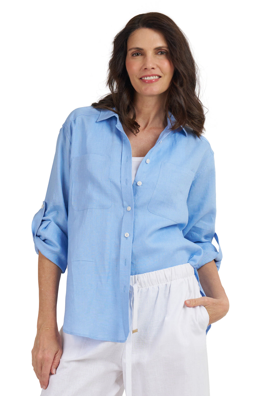 Luna Ocean Blue Oversized Linen Shirt with Pockets