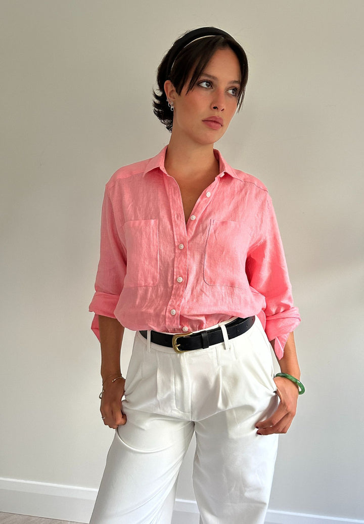 Luna Watermelon Pink Oversized Linen Shirt with Pockets