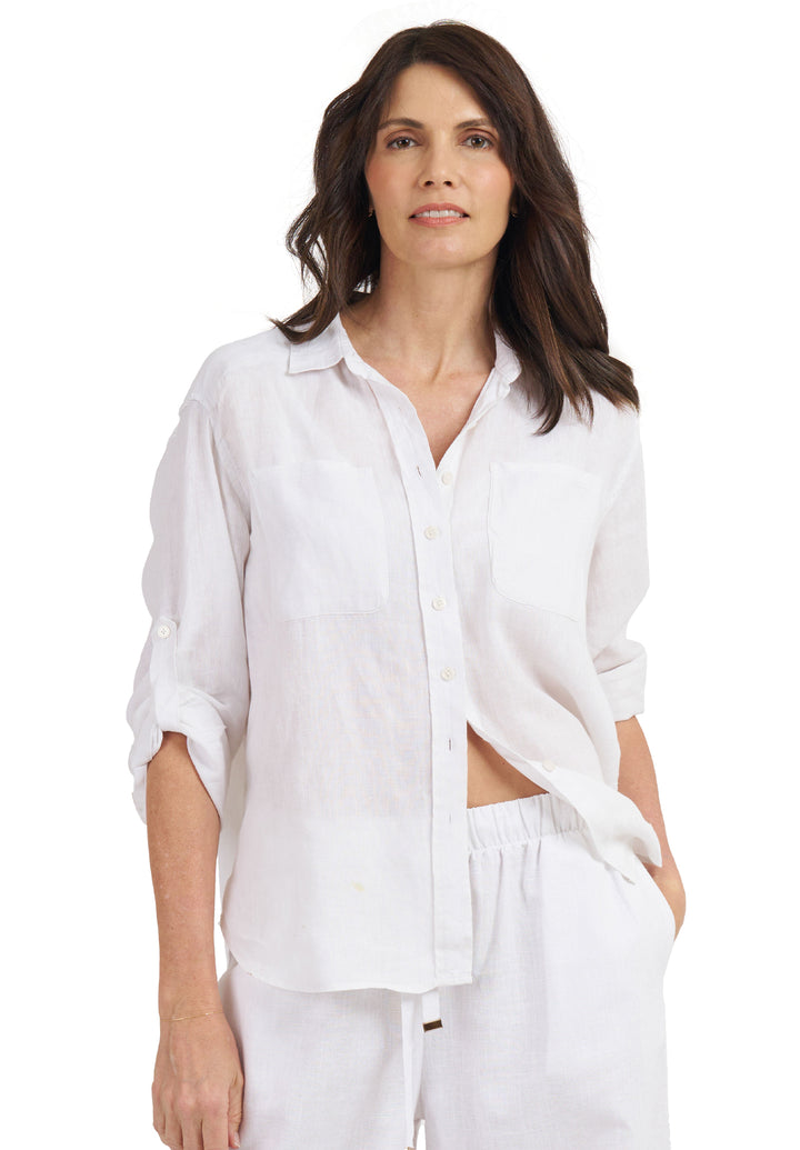 Luna White Oversized Linen Shirt with Pockets