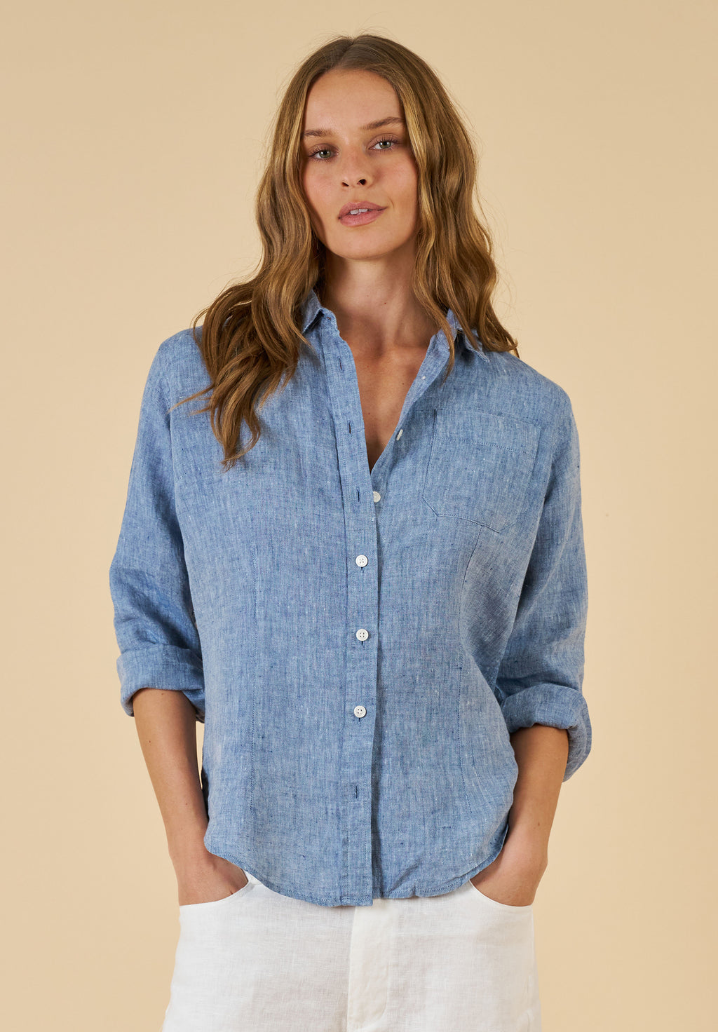 Lina Blue Melange Slim-Fit Linen Shirt