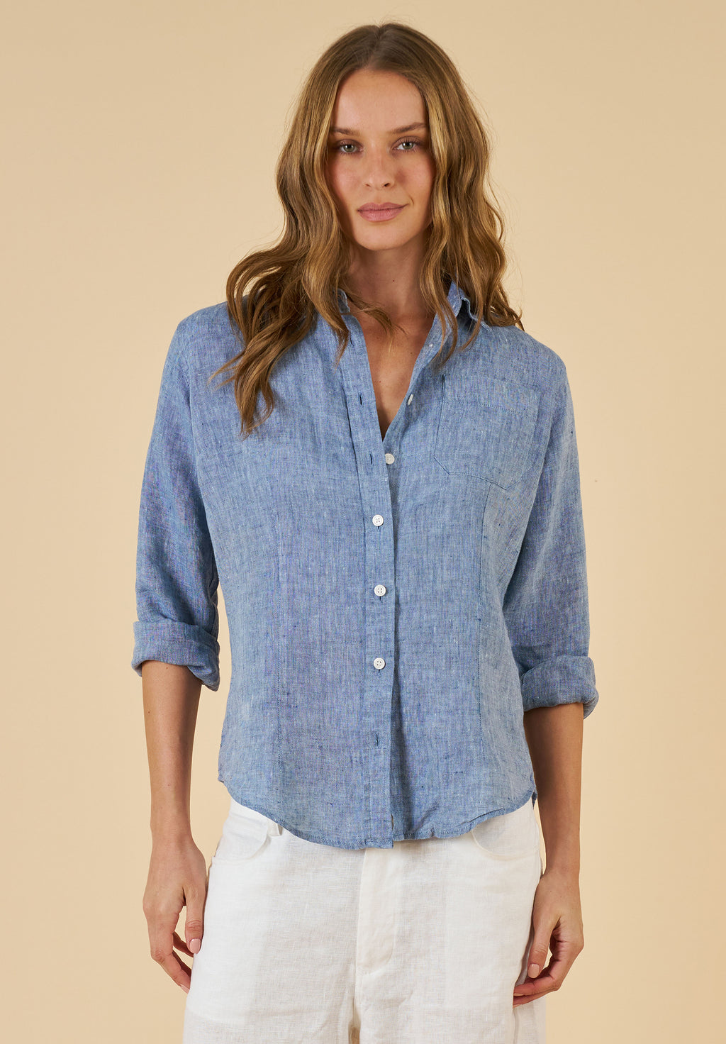 Lina Blue Melange Slim-Fit Linen Shirt