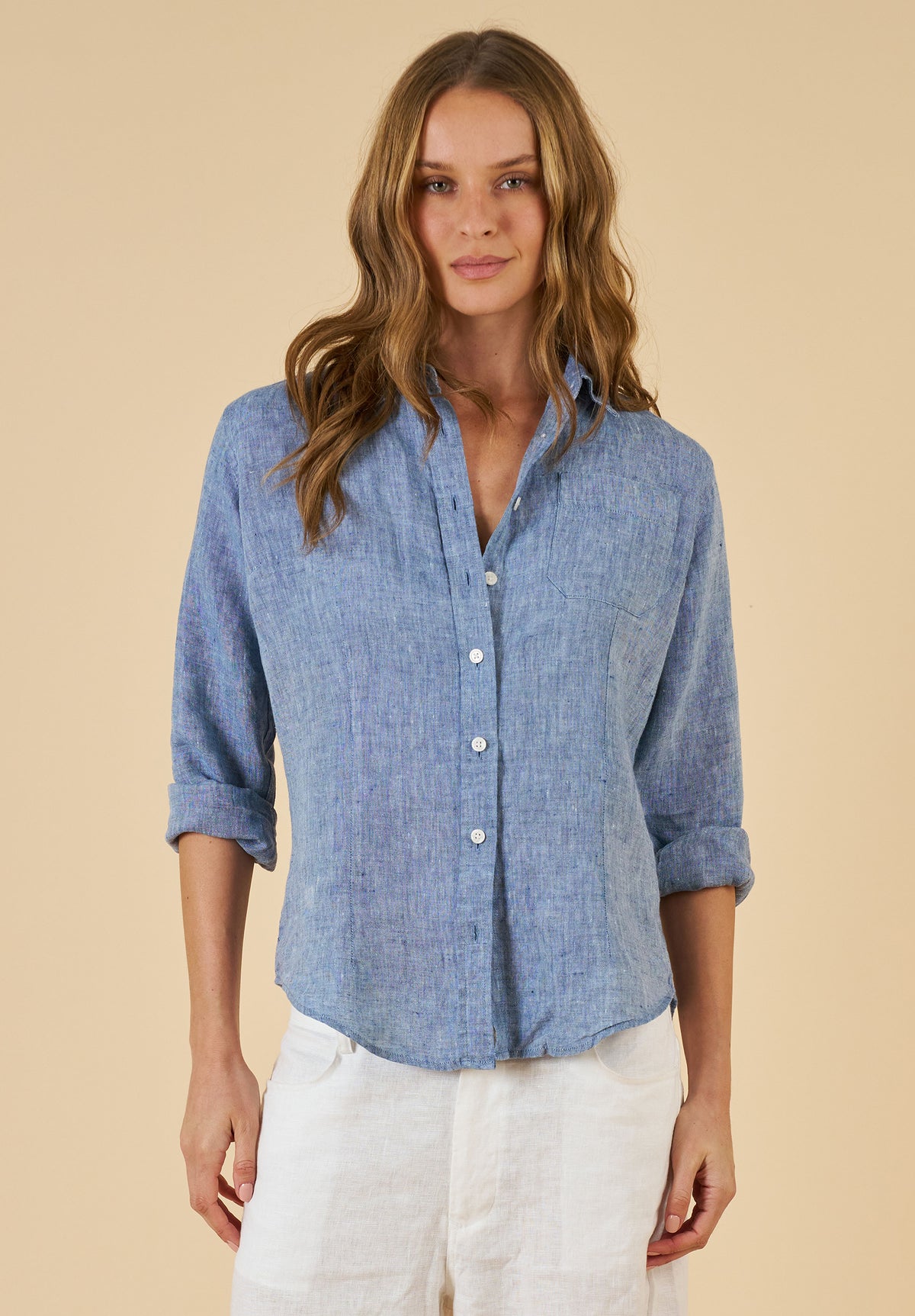 Lina Blue Melange Slim-Fit Linen Shirt