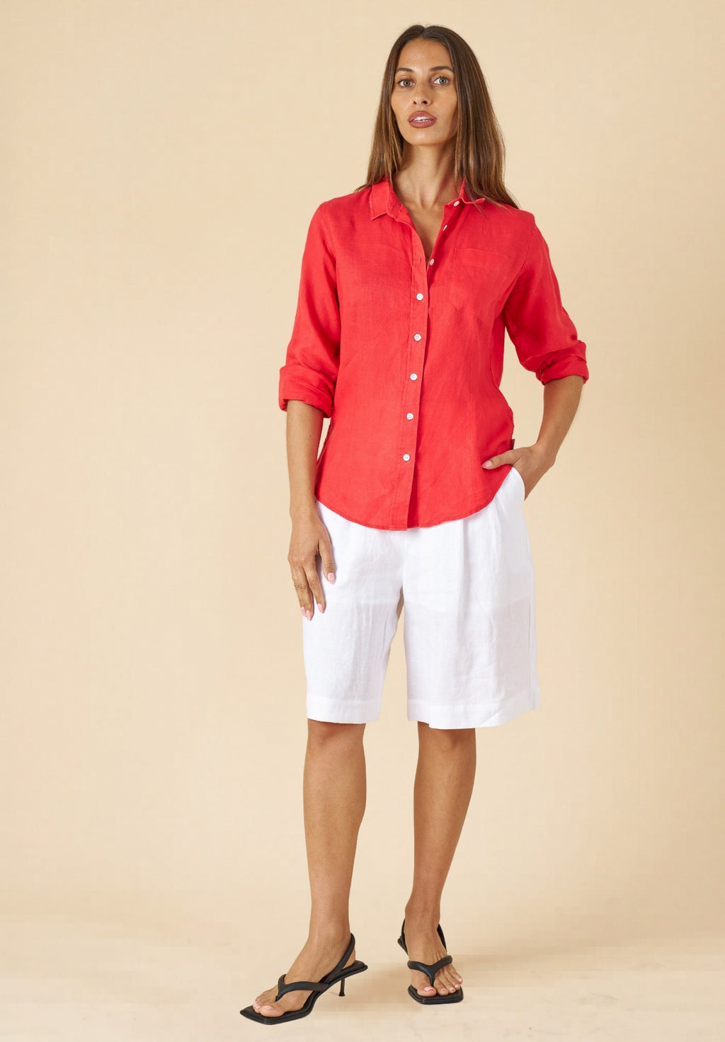 Lina Red Slim-Fit Linen Shirt