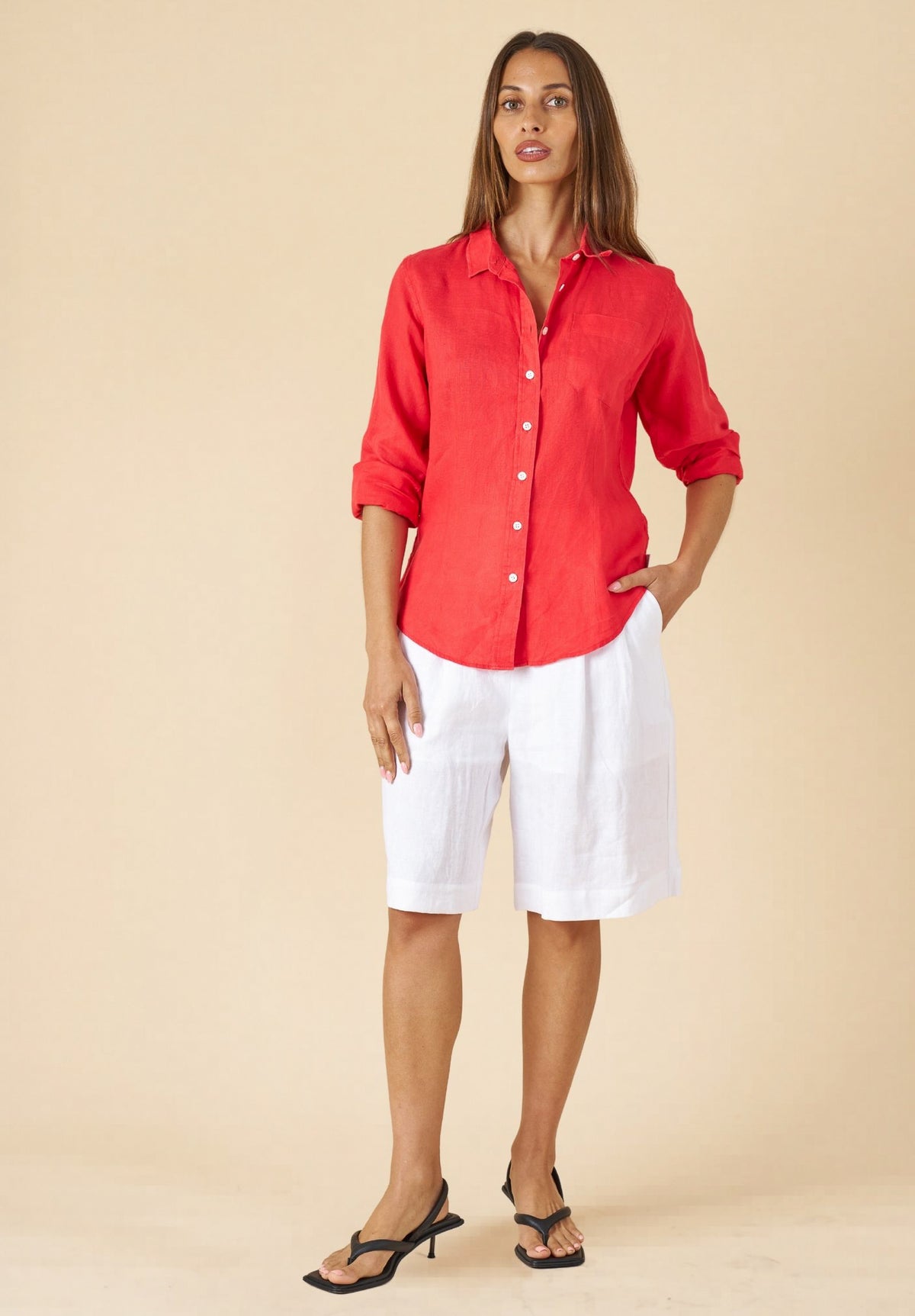 Lina Red Slim-Fit Linen Shirt