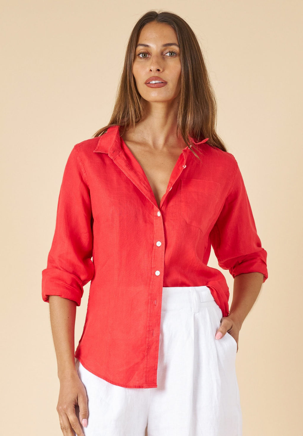 Lina Red Slim-Fit Linen Shirt