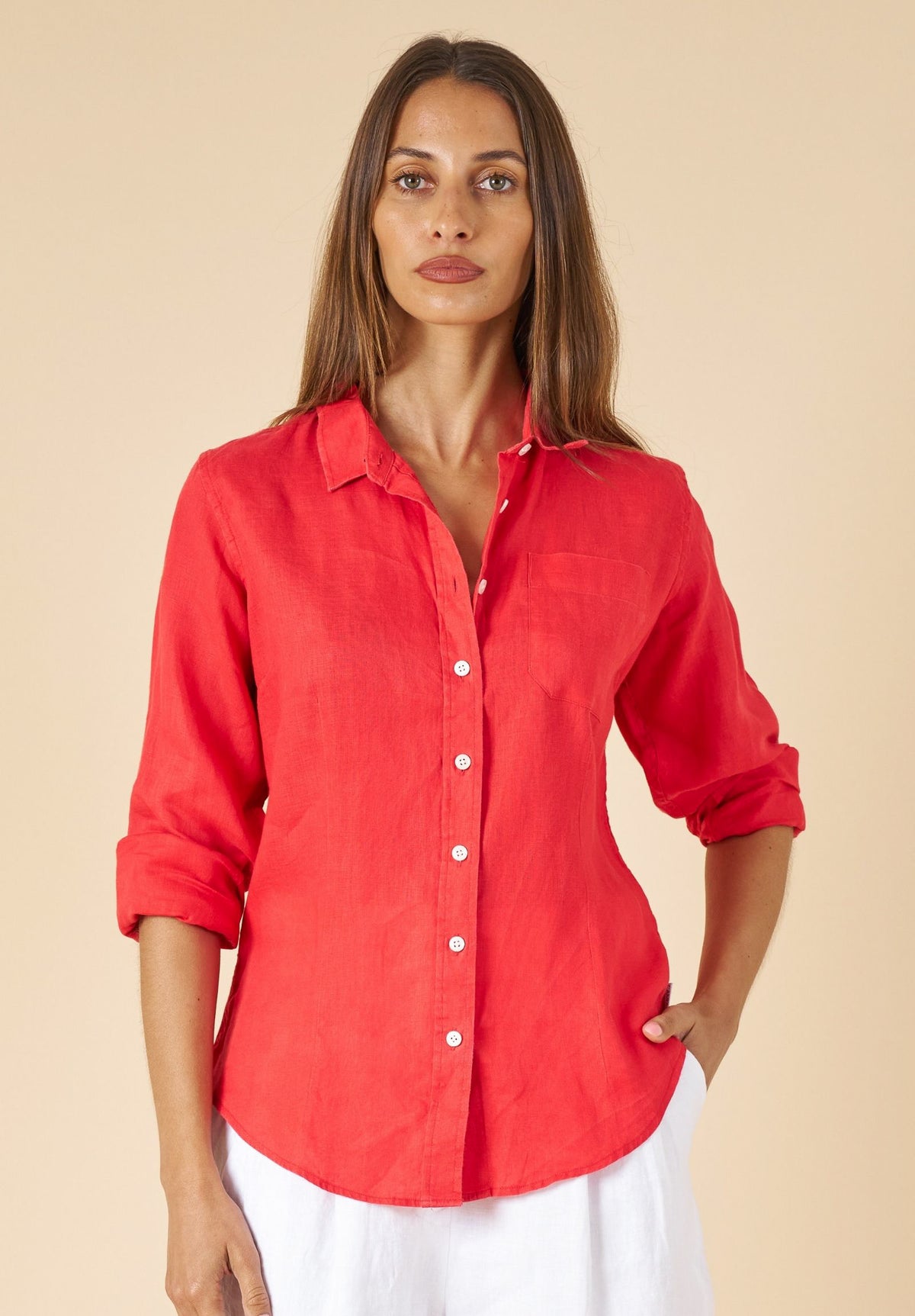 Lina Red Slim-Fit Linen Shirt