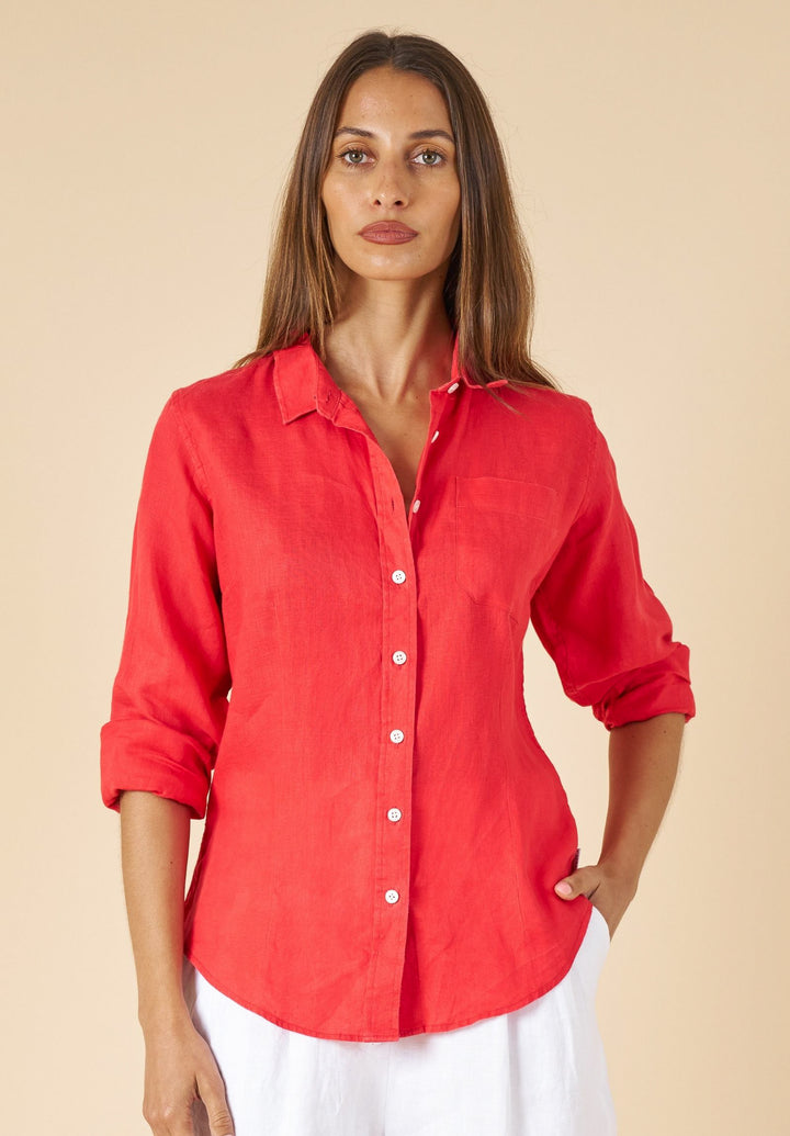 Lina Red Slim-Fit Linen Shirt
