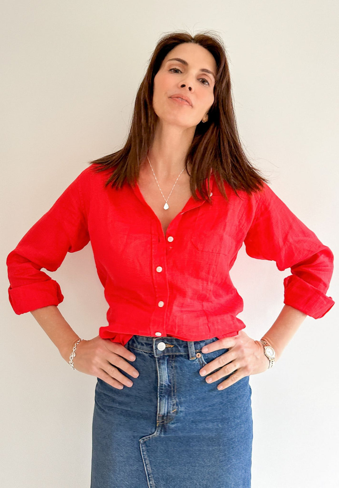 Lina Red Slim-Fit Linen Shirt