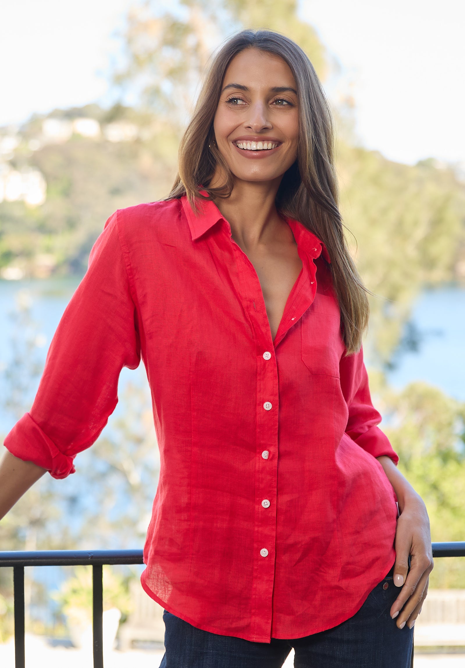 Lina Red Slim-Fit Linen Shirt – CAMIXA