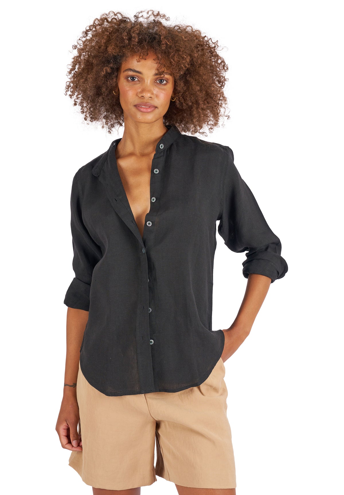 Lotus Black Classic Linen Shirt with Mandarin Collar