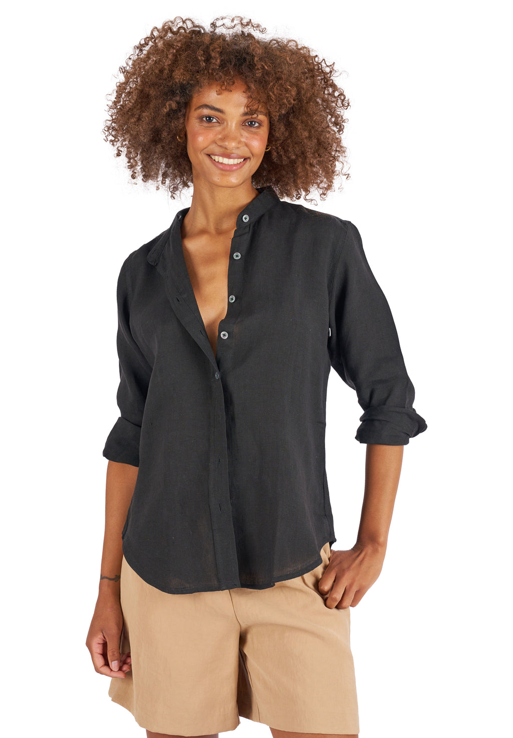 Lotus Black Classic Linen Shirt with Mandarin Collar