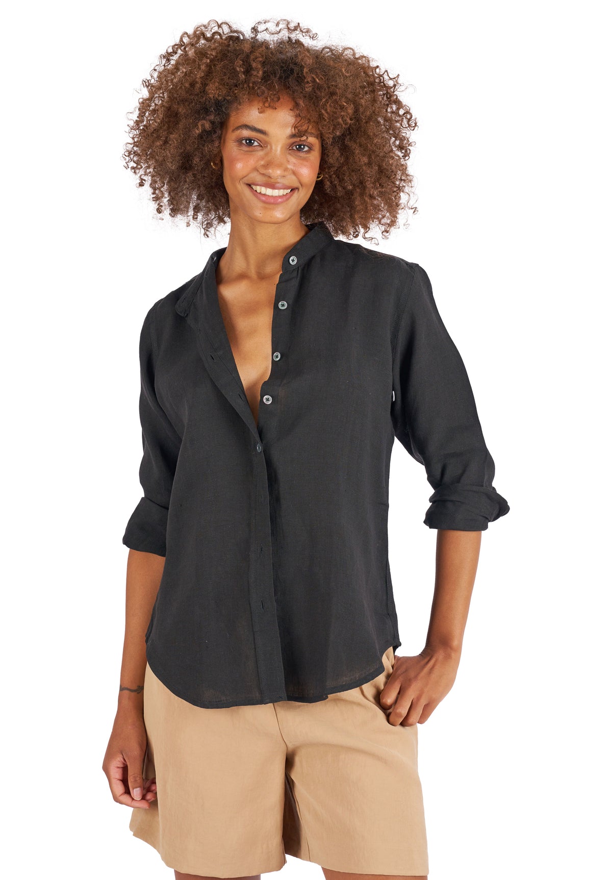 Lotus Black Classic Linen Shirt with Mandarin Collar