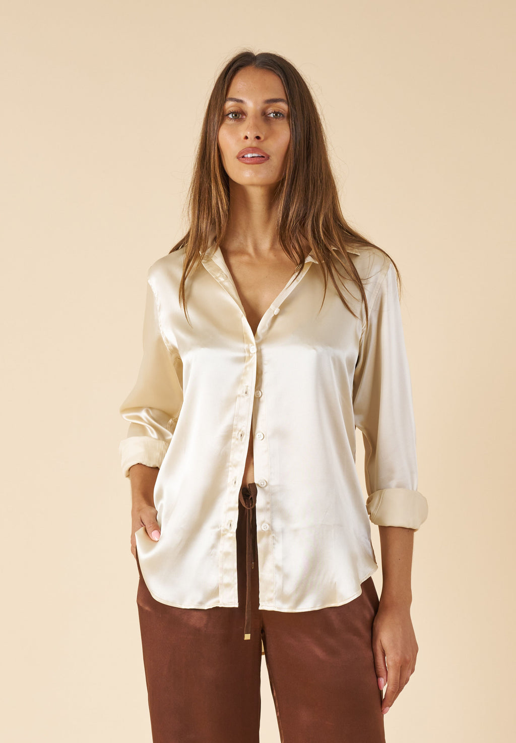 Satin-Silk Biscuit Classic Charmeuse Silk Shirt