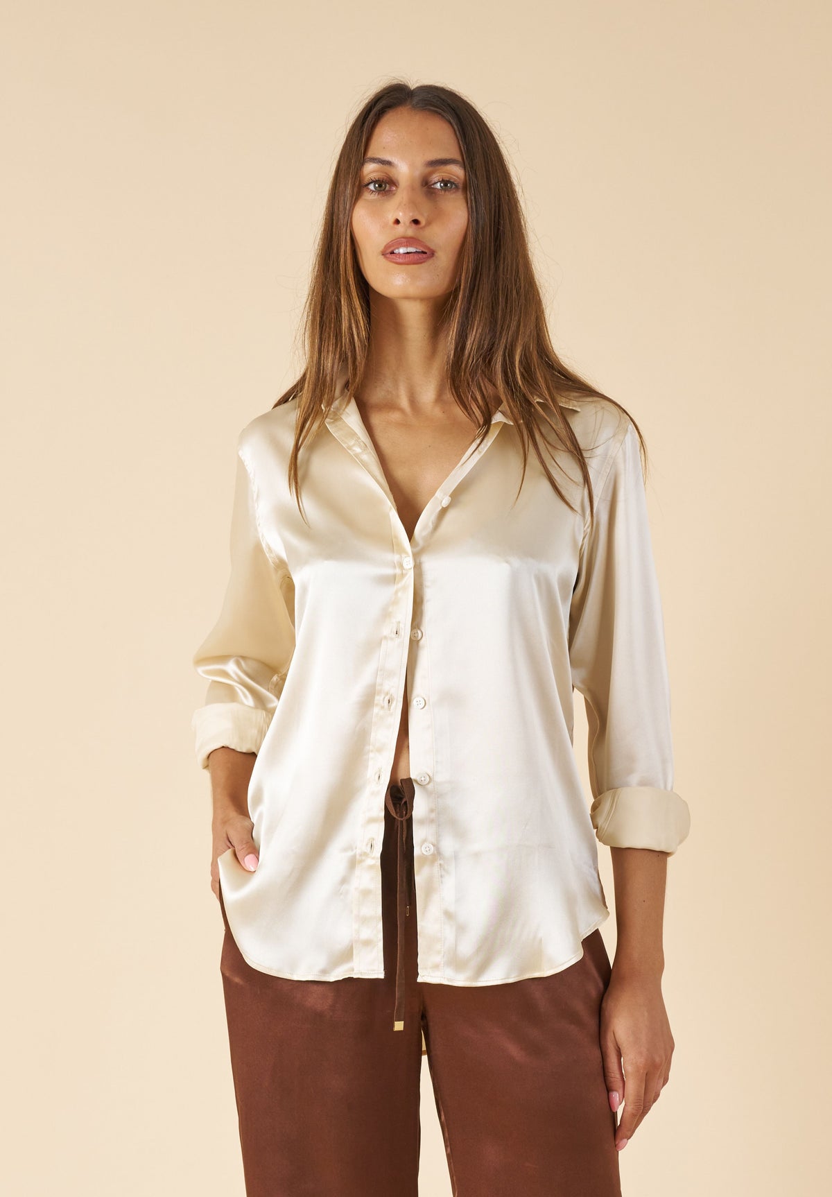 Satin-Silk Biscuit Classic Charmeuse Silk Shirt