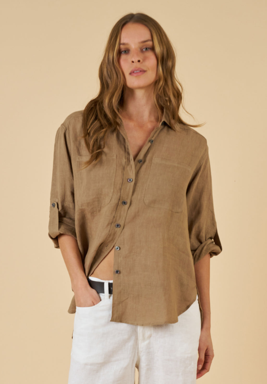 Luna Hazelnut Oversized Linen Shirt with Pockets