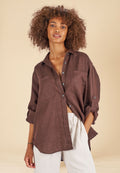Luna Coffee Oversized Linen Shirt with Pockets