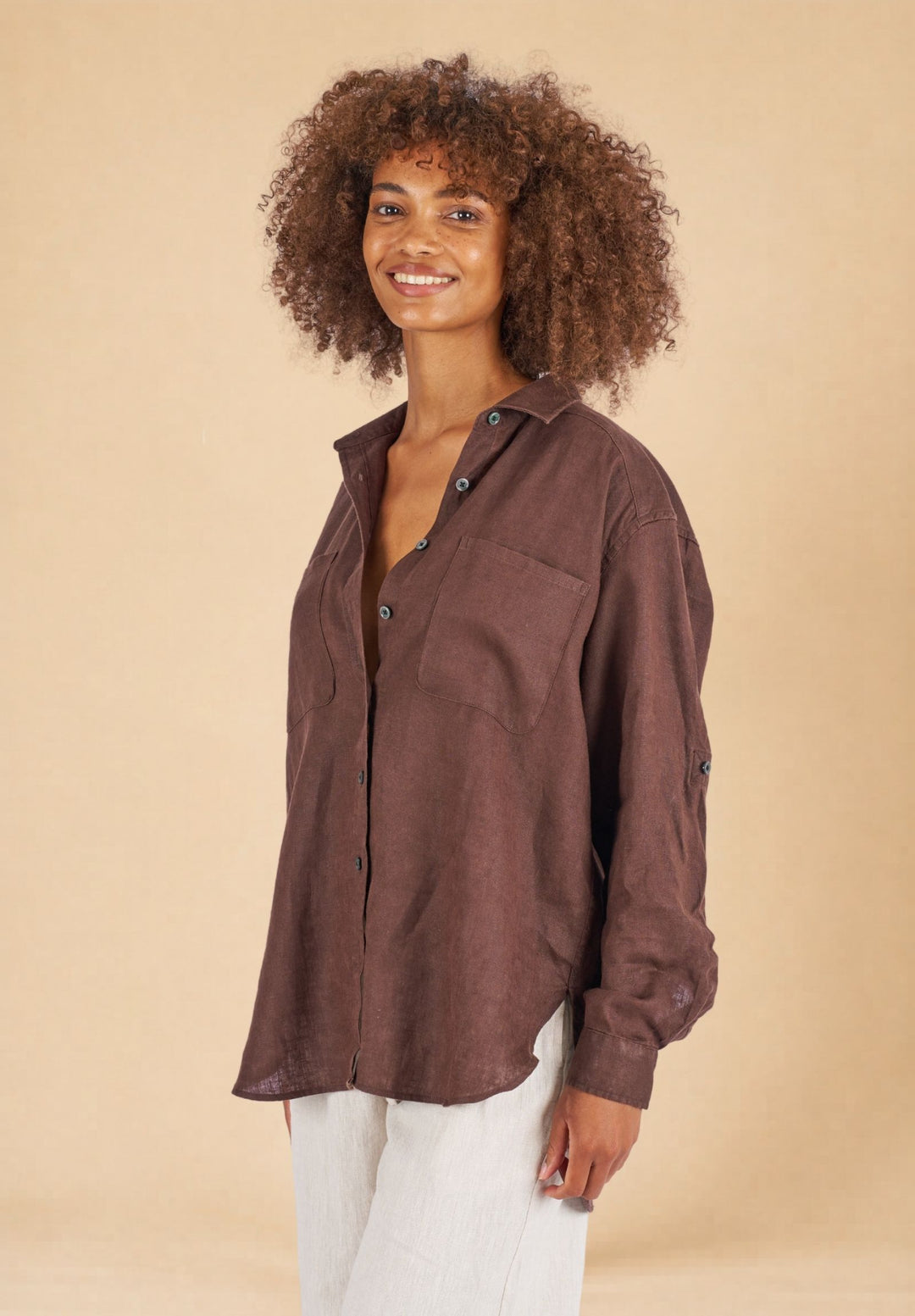 Luna Coffee Oversized Linen Shirt with Pockets