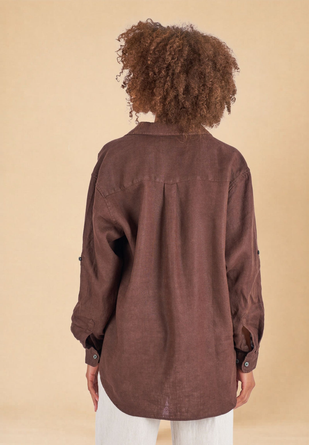 Luna Coffee Oversized Linen Shirt with Pockets