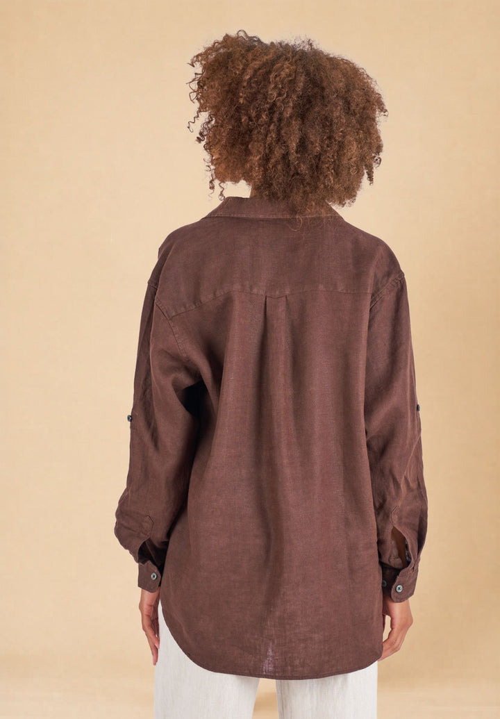 Luna Coffee Oversized Linen Shirt with Pockets