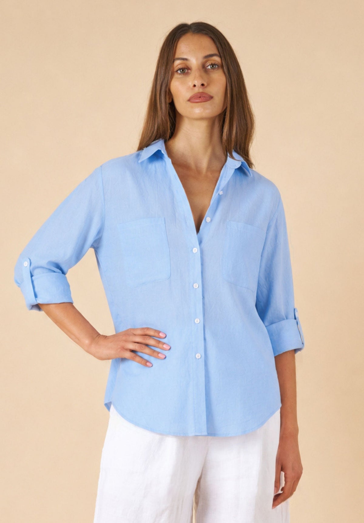 Luna Ocean Blue Oversized Linen Shirt with Pockets
