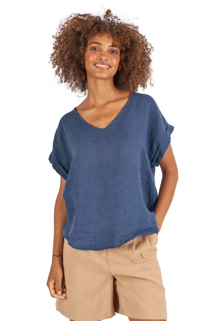 Martina Blue Sand Washed Linen T-Shirt