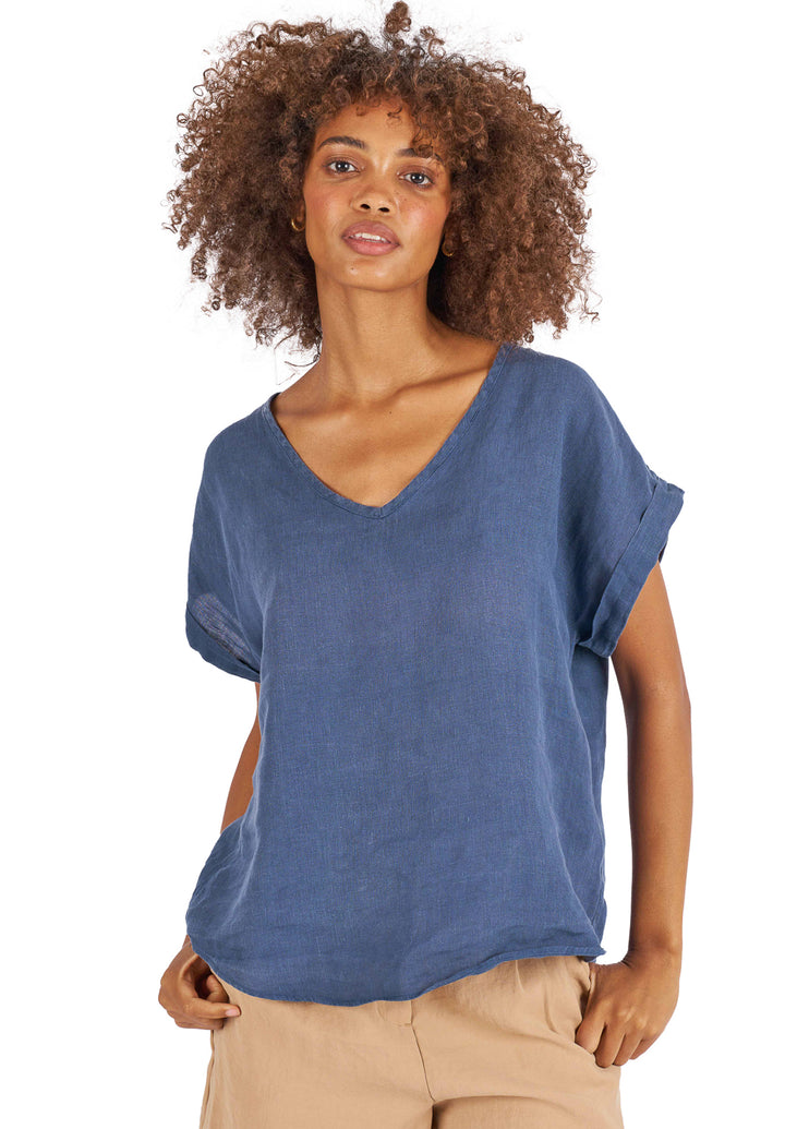 Martina Blue Sand Washed Linen T-Shirt
