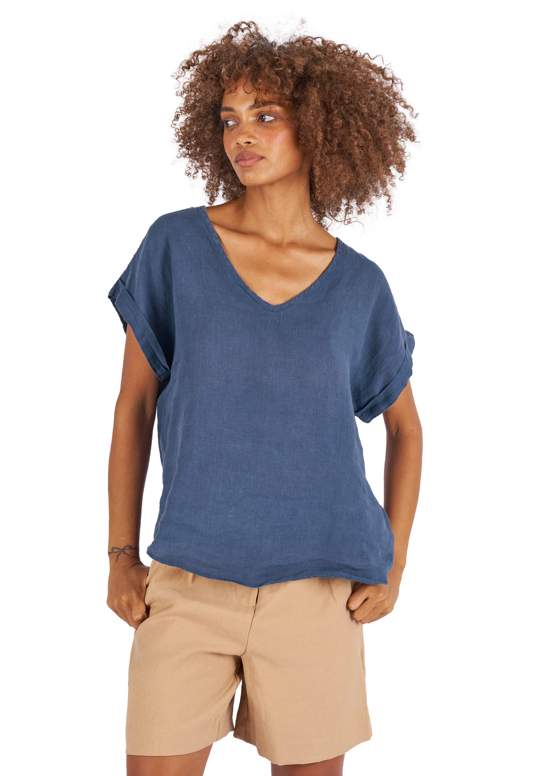 Martina Blue Sand Washed Linen T-Shirt