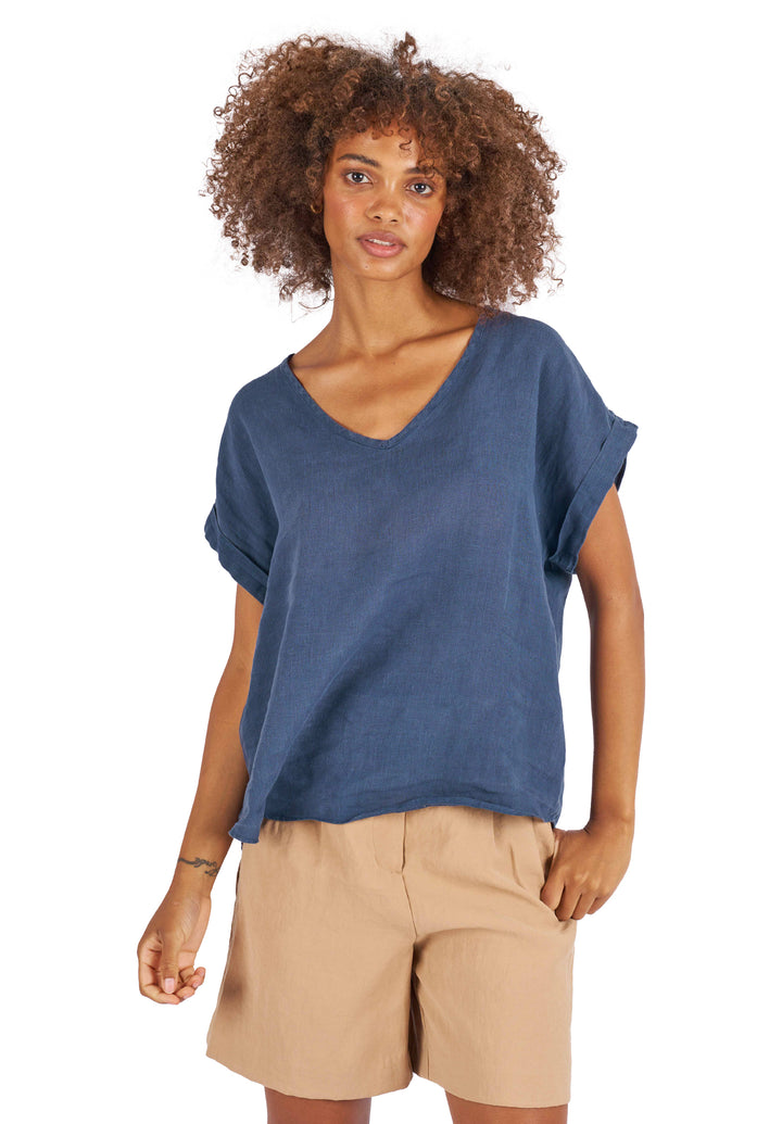 Martina Blue Sand Washed Linen T-Shirt