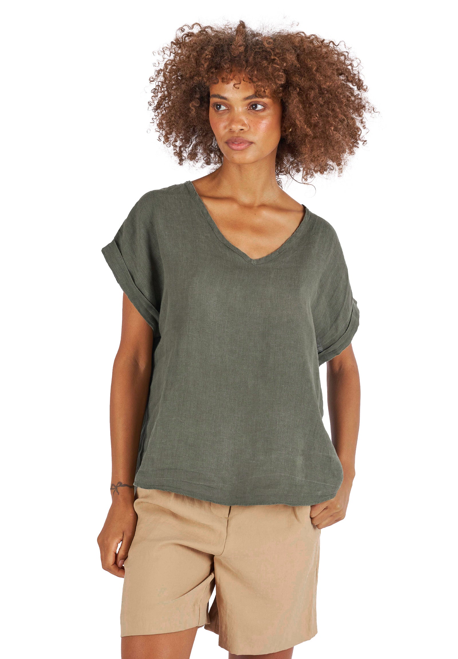 Martina Olive Green Sand Washed Linen T Shirt CAMIXA