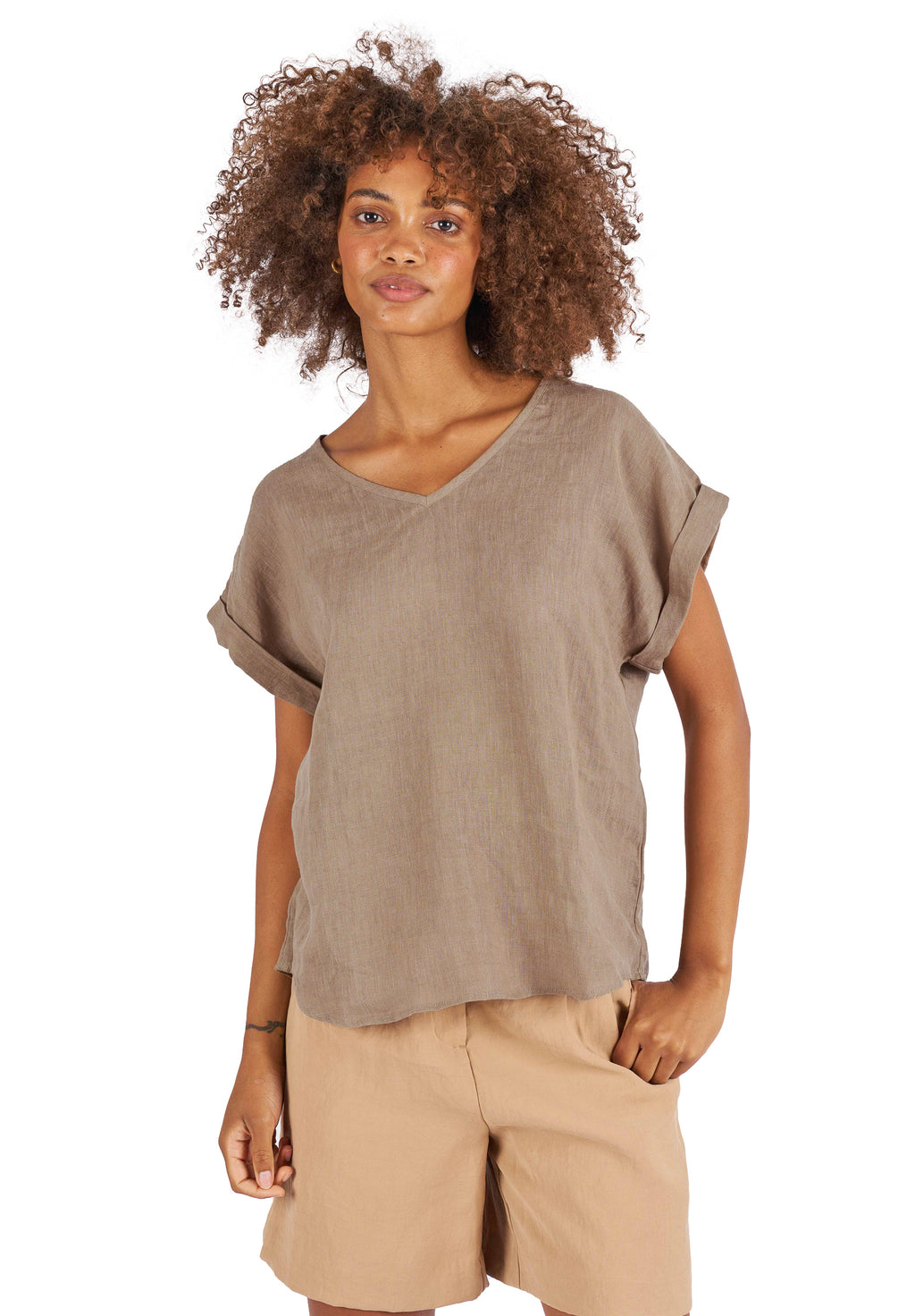 Martina Hazelnut Sand Washed Linen T-Shirt