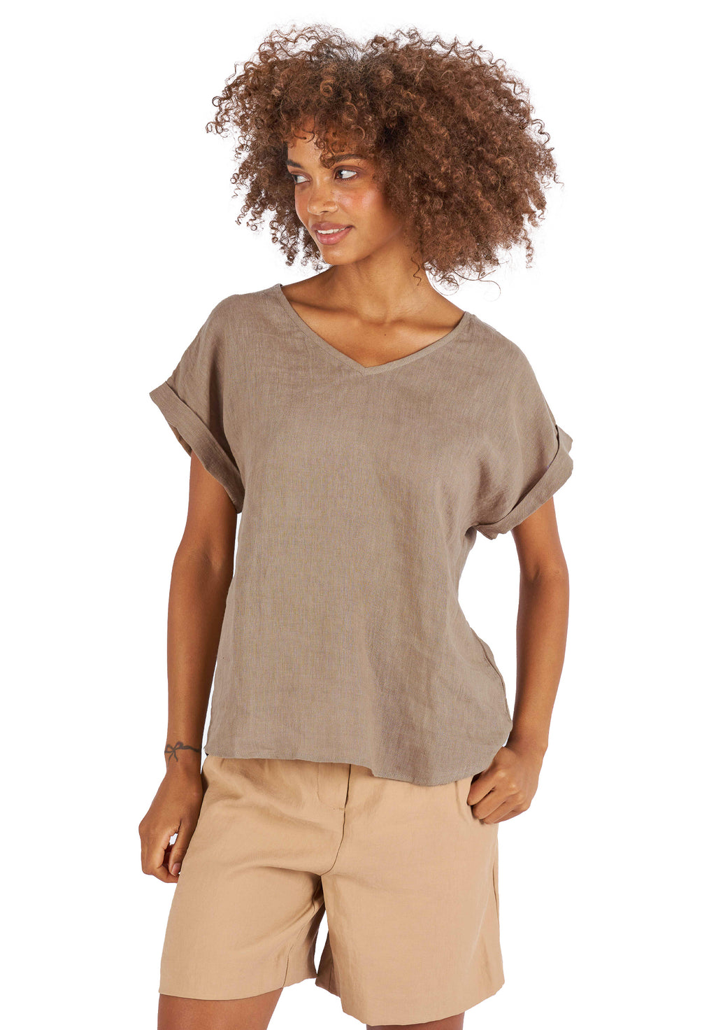 Martina Hazelnut Sand Washed Linen T-Shirt
