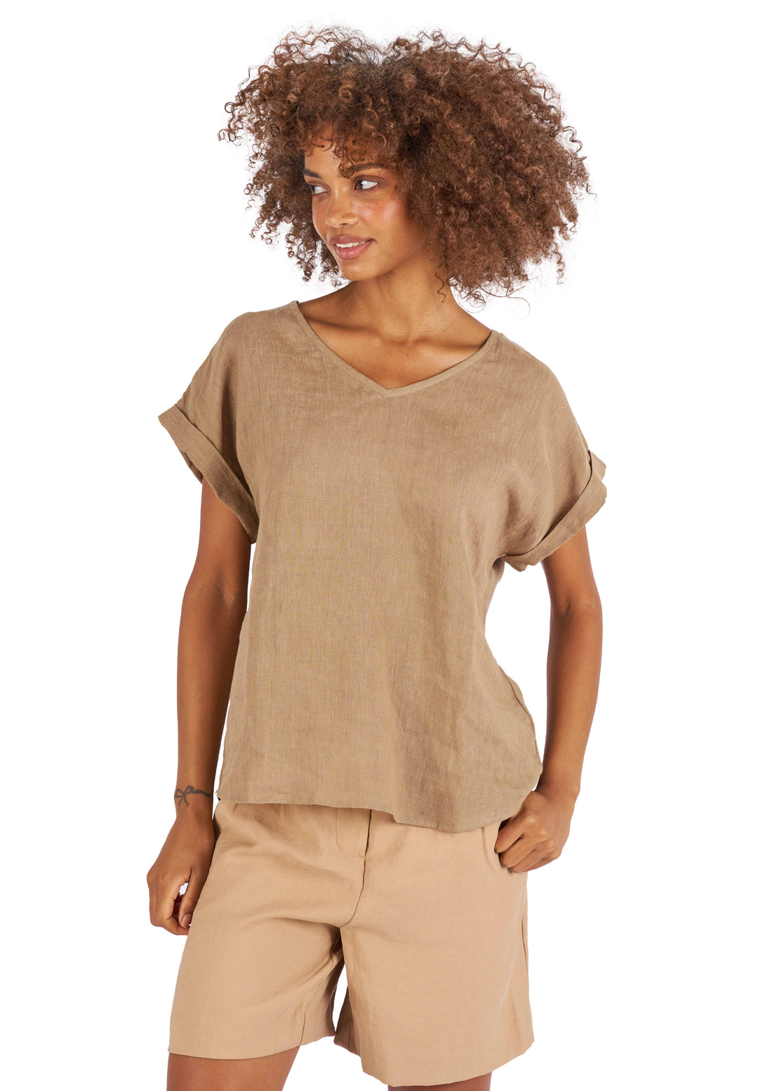 Martina Hazelnut, Sand Washed Linen T-Shirt