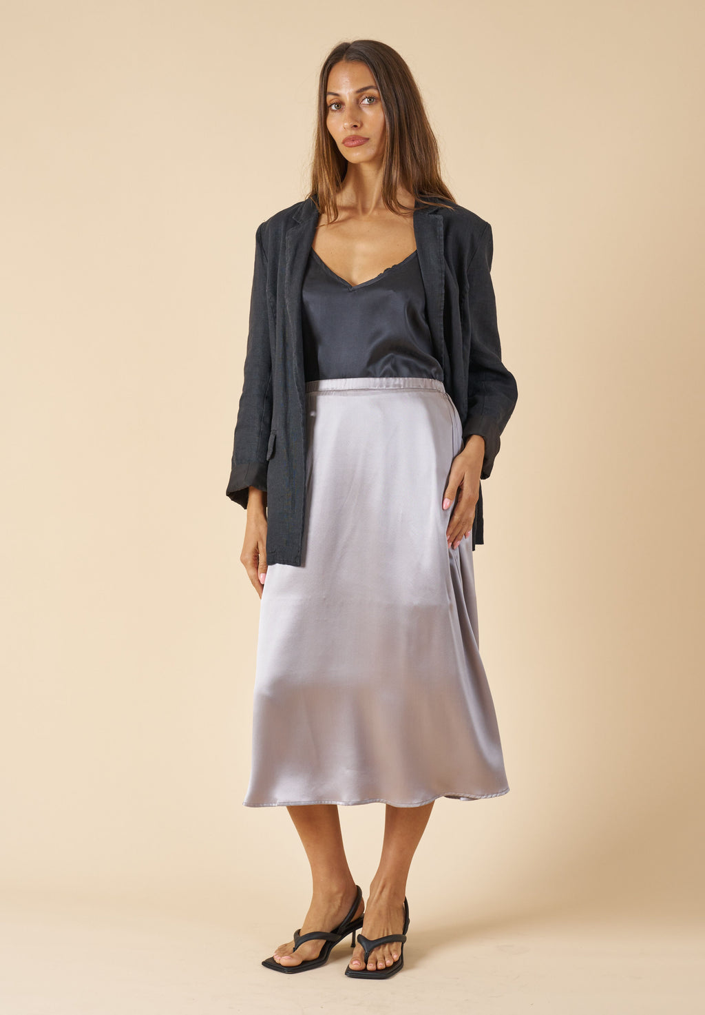 Maddie-Silk Grey Midi Skirt