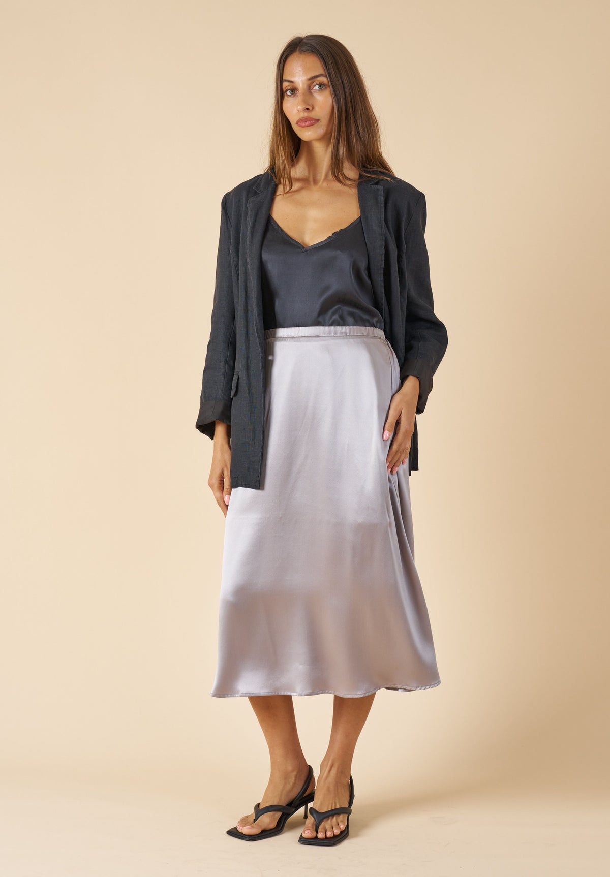 Maddie-Silk Grey Midi Skirt