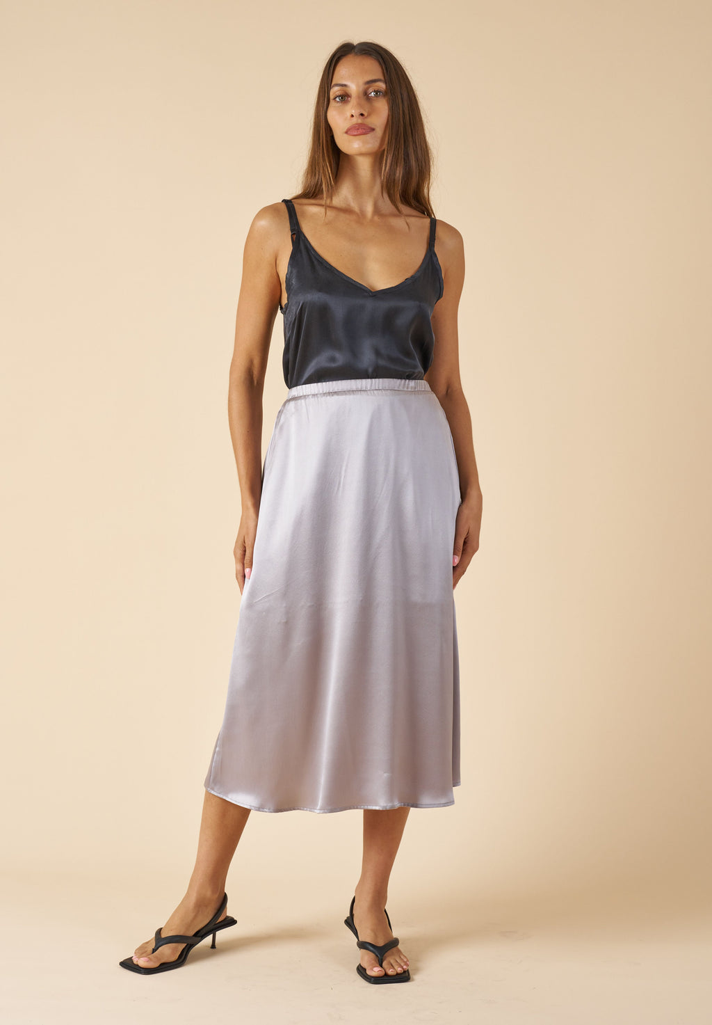 Maddie-Silk Grey Midi Skirt