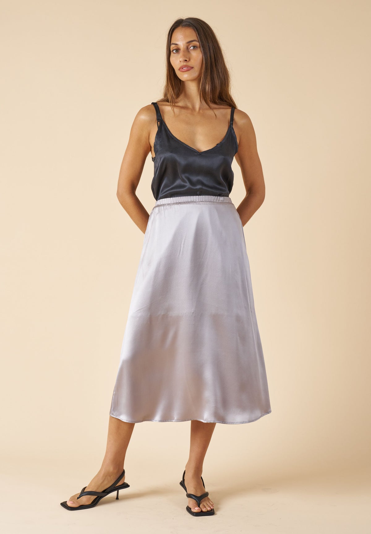 Maddie-Silk Grey Midi Skirt