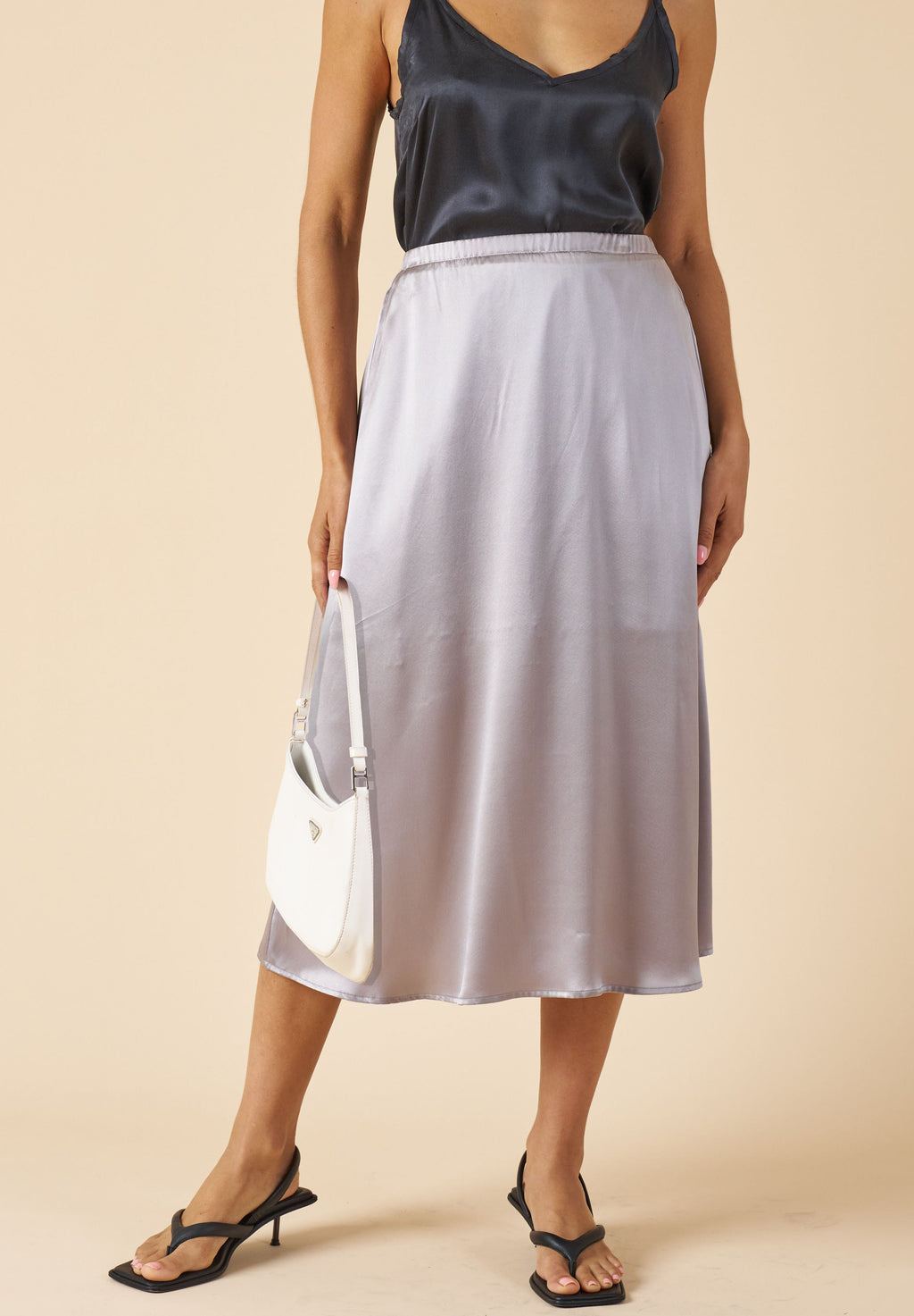 Maddie-Silk Grey Midi Skirt