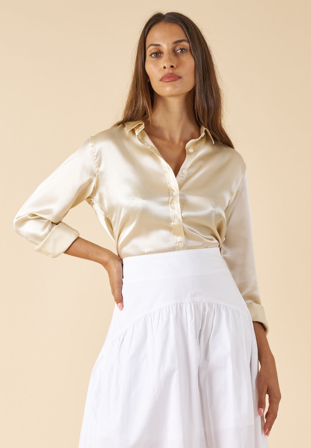Satin-Silk Biscuit Classic Charmeuse Silk Shirt